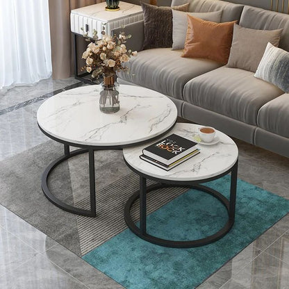 Marble Coffee Table Set with Black Base