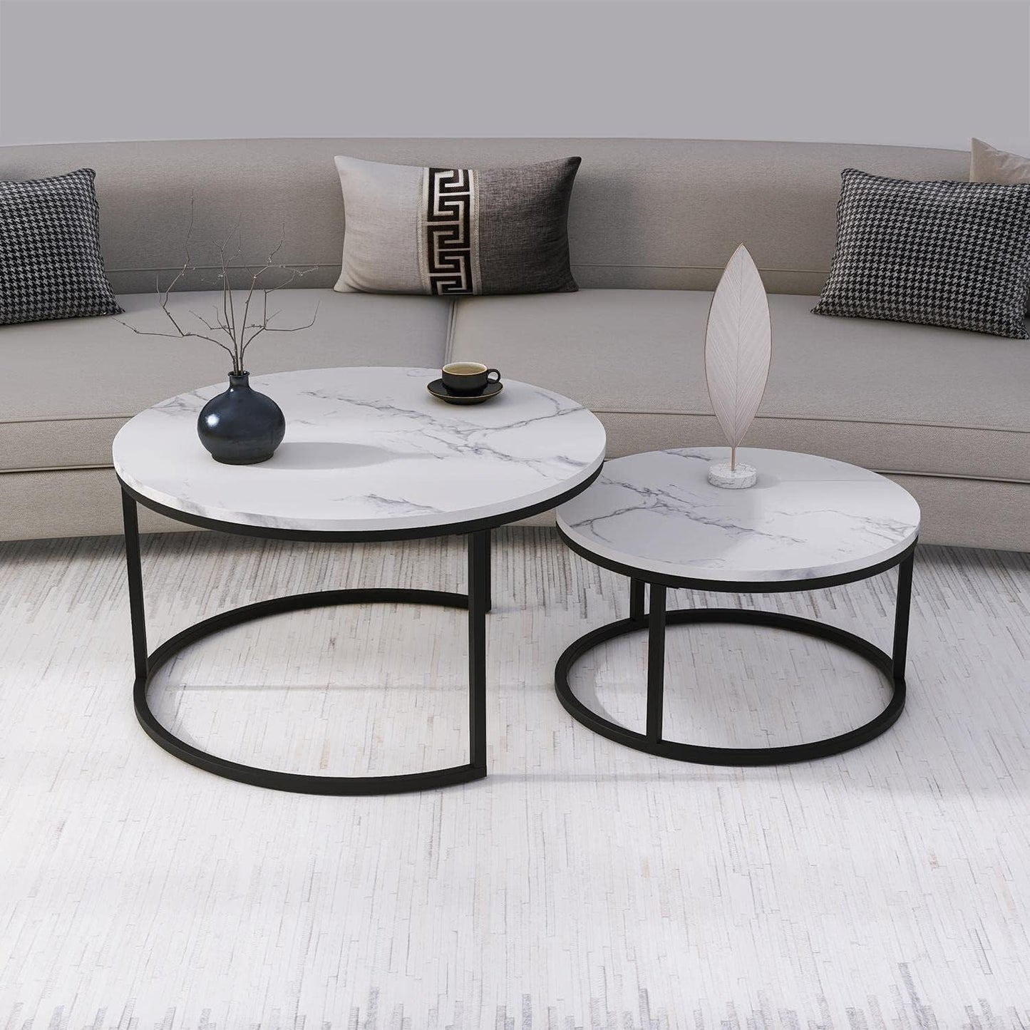 Marble Coffee Table Set with Black Base