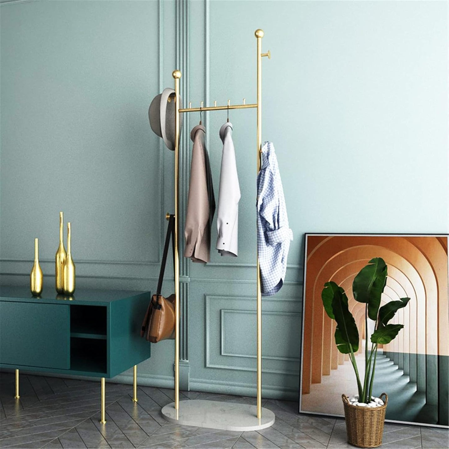 Golden Clothes Rack With Basket And Marble Base