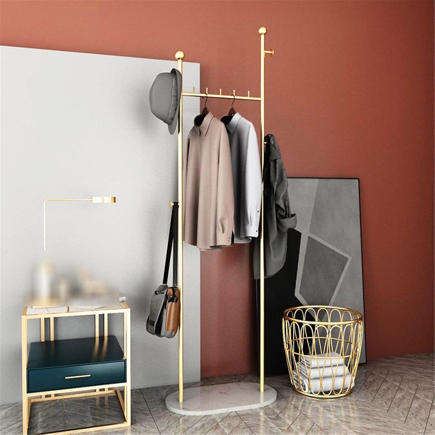 Golden Clothes Rack With Basket And Marble Base