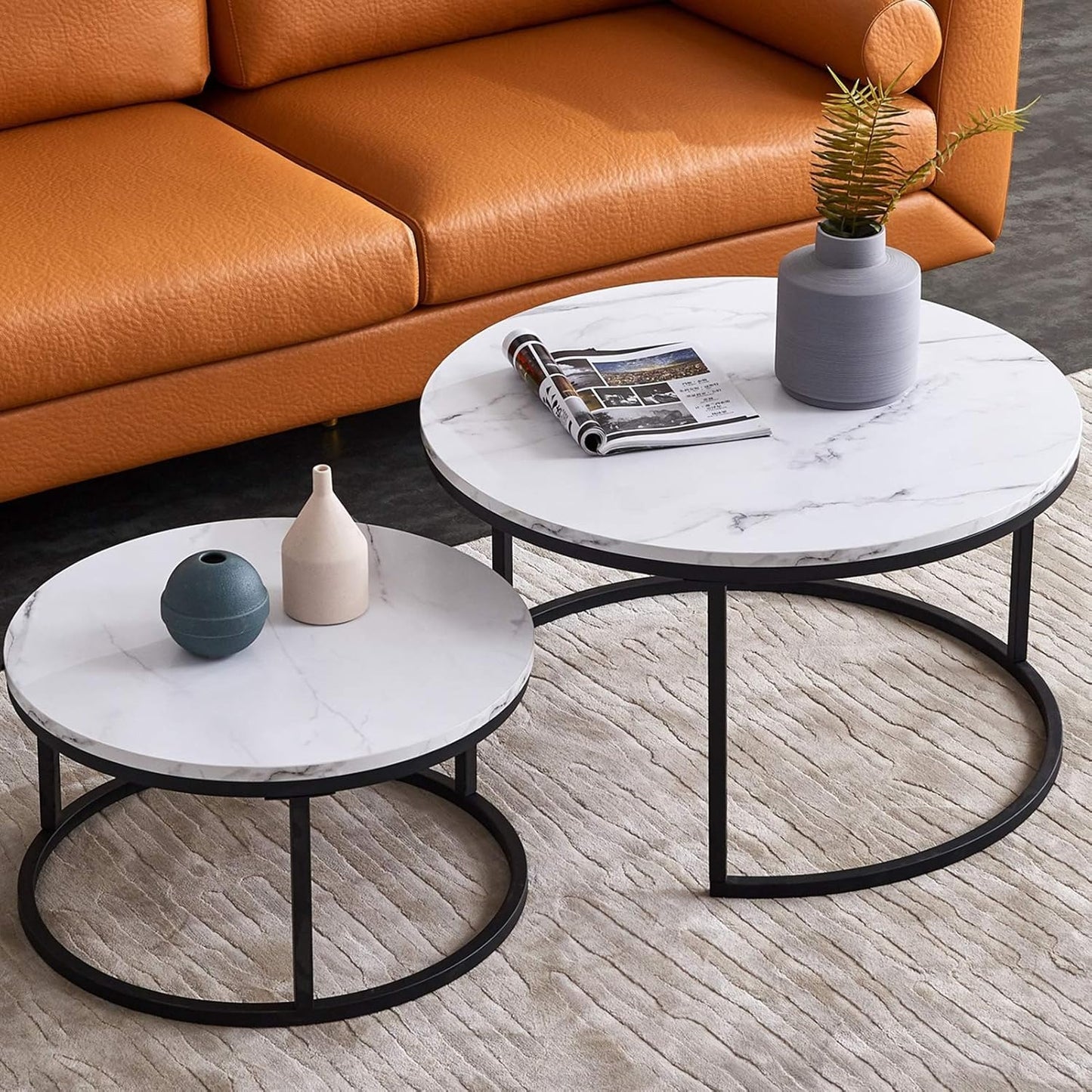 Marble Coffee Table Set with Black Base