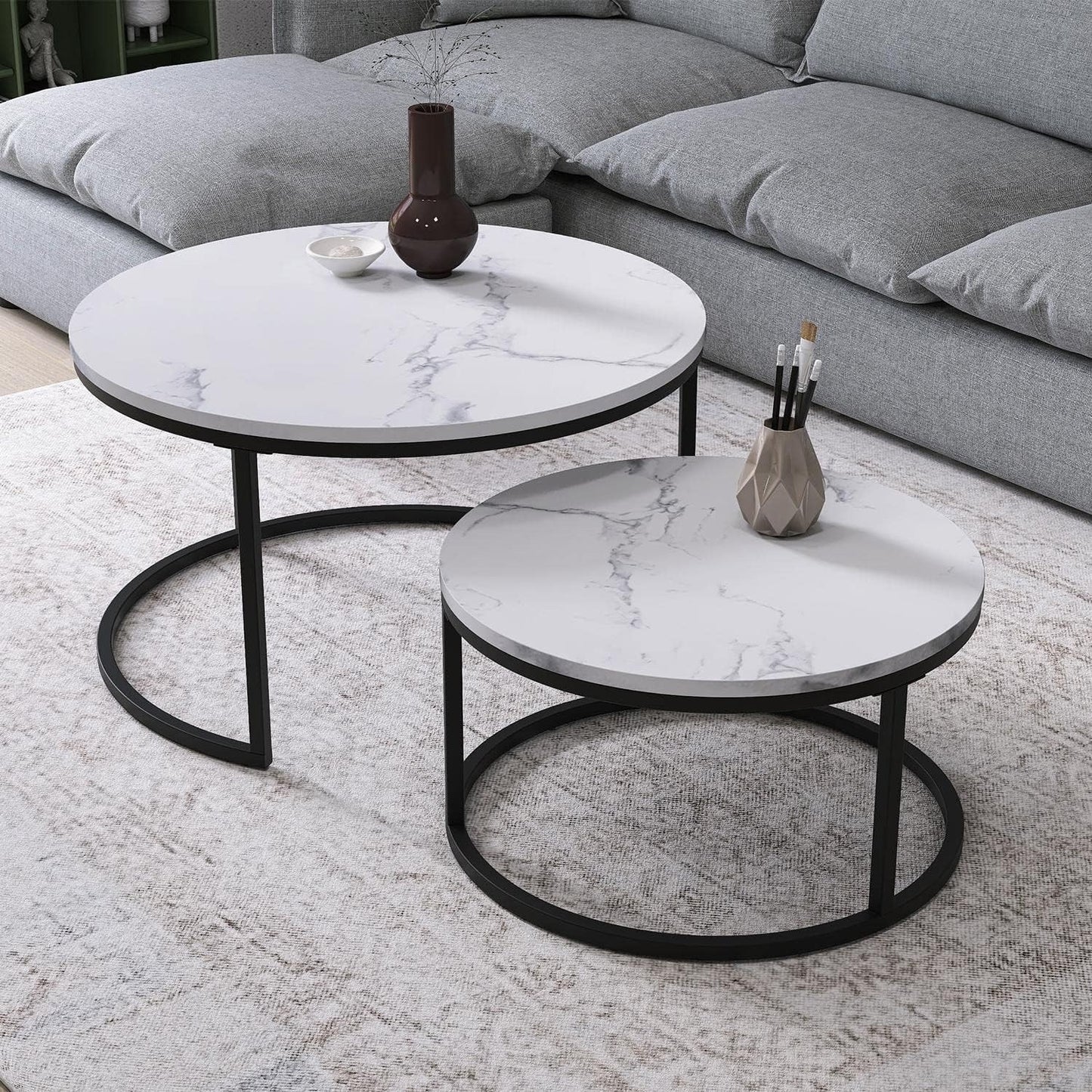 Marble Coffee Table Set with Black Base