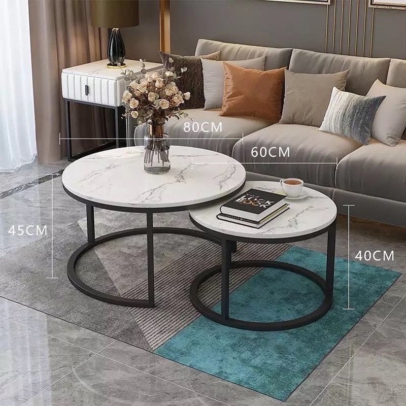 Marble Coffee Table Set with Black Base