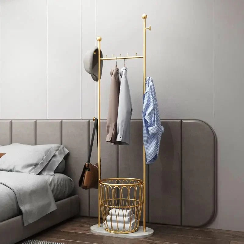 Golden Clothes Rack With Basket And Marble Base