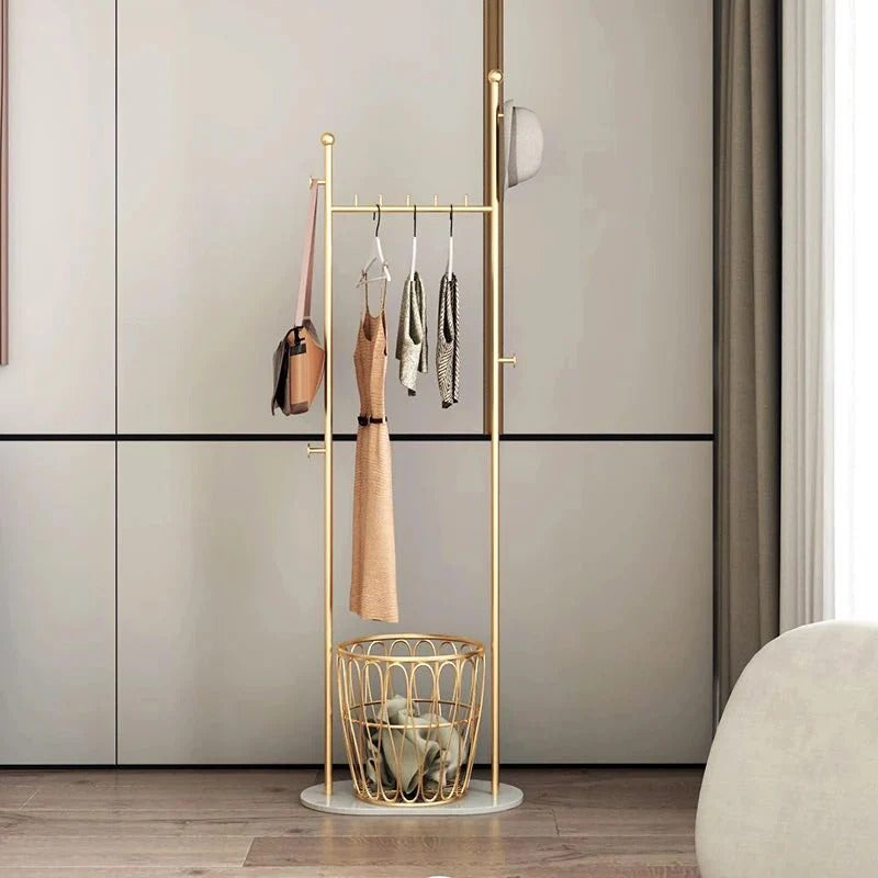 Golden Clothes Rack With Basket And Marble Base