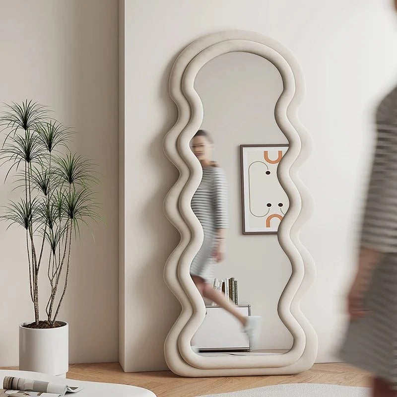 Wavy Beige Velvet Mirror